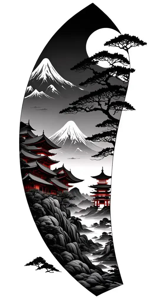 Japanese mountain and temple scenery tattoo tattoo design idea