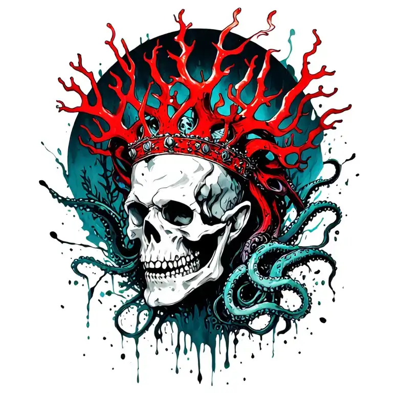 King Of Bones With A Coral Crown, Hades 2 Style, Eldritch, Tentacles, Lovecraftian, Deep Sea background, seaweeds tattoo design idea