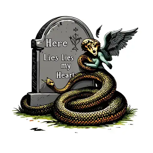 "Here lies my Heart"  snake constricting a cupid with a tombstone behind itand a graveyard background tattoo design idea