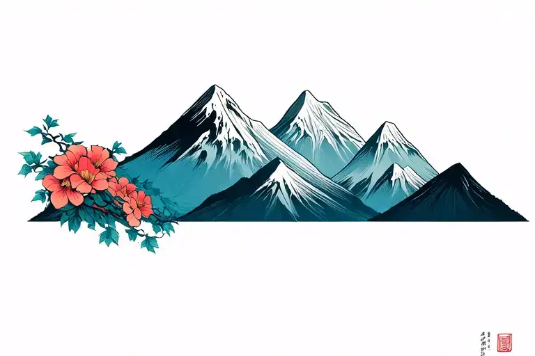 Mountains and flowers tattoo design idea