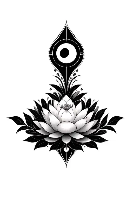 geometric vines below blooming lotus in the center with crescent moon above tattoo design idea