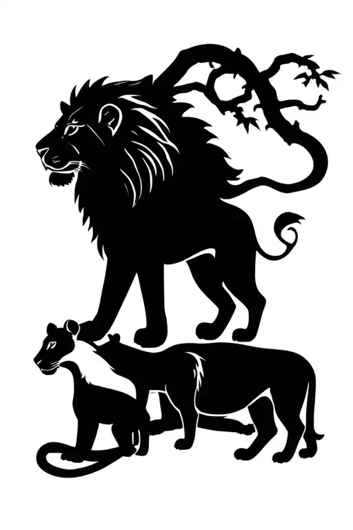 lion above the lioness and 2 cubs under the lioness, with a tree intertwining  tattoo design idea