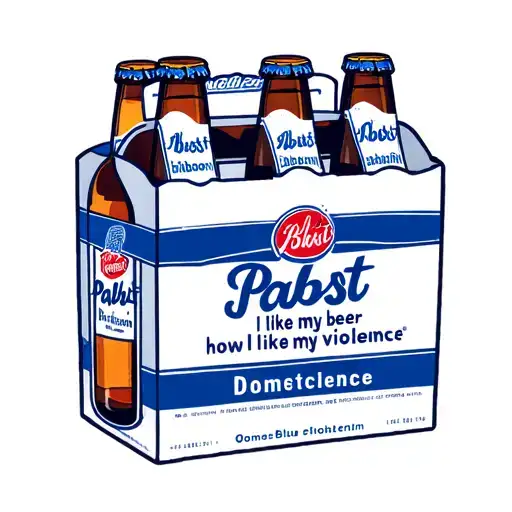 A 6 pack of Pabst Blue Ribbon with text above it that says "I like my beer how I like my violence: Domestic" tattoo design idea