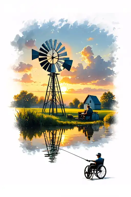 farm scene featuring a metal windmill, a pond with a man in a wheelchair fishing, with a beautiful sunset.  tattoo design idea