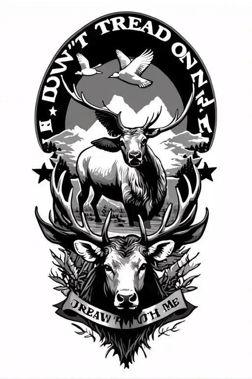 bull elk and mule deer with ducks flying and "don't tread on me" tattoo design idea