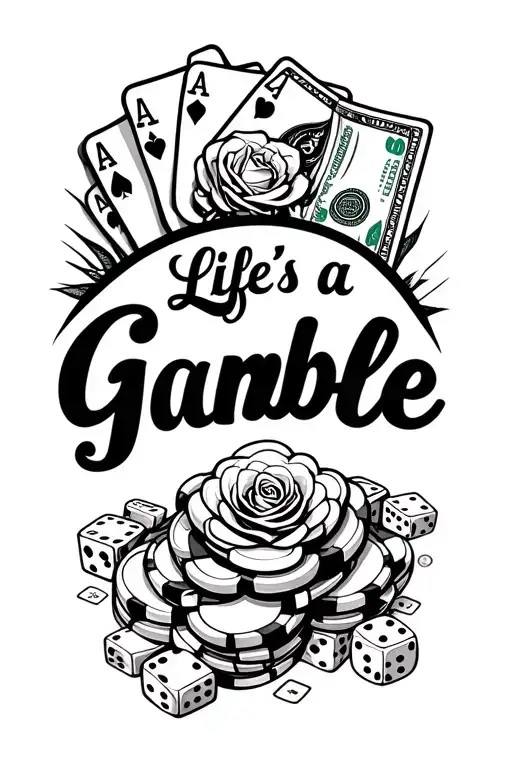 "Life's a Gamble" "Life's a Gamble" casino themed featuring chips, money, dice, cards, and a rose some where in the background spell correctly tattoo design idea