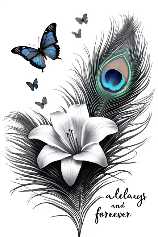 Lilly's with butterflies peacock feathers falling with words saying aleays and forever tattoo design idea