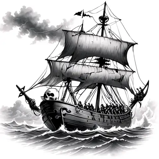 ship in the fog with a skull carved into the bow and skeleton crew breaking free of anchor tattoo design idea