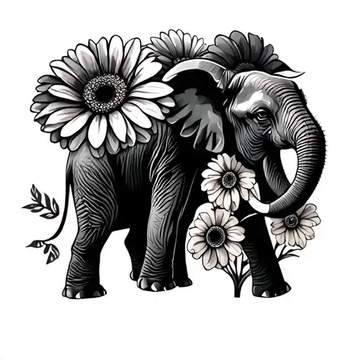 Gerbera flowers with elephant walking tattoo design idea