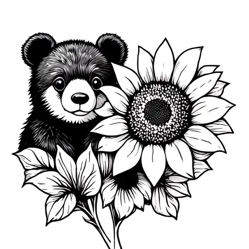 cute bear cub and sunflower tattoo design idea