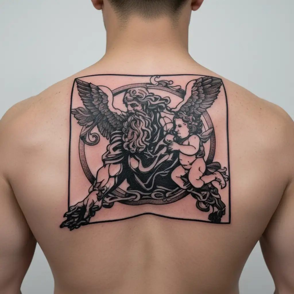 zeus holding a baby boy walking tattoo design idea