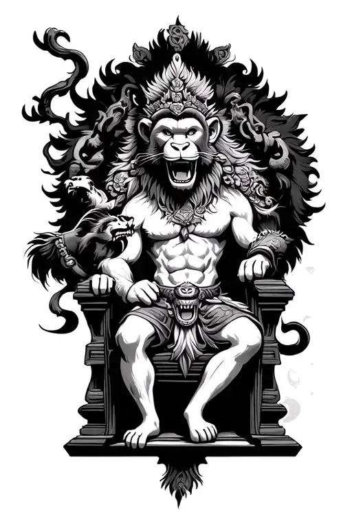 monkey king sitting on a throne and lion roaring oriental background tattoo design idea