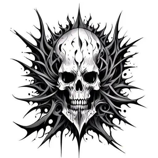 Intricate blackwork tattoo design in abstract gothic style, vertical layout, chaotic spiked linework, corrupted baroque tattoo design idea