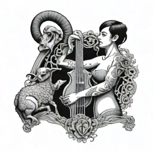 A surreal tattoo design of a woman with a human torso and the lower part of a ram body, named Blue, playing a musical in tattoo design idea