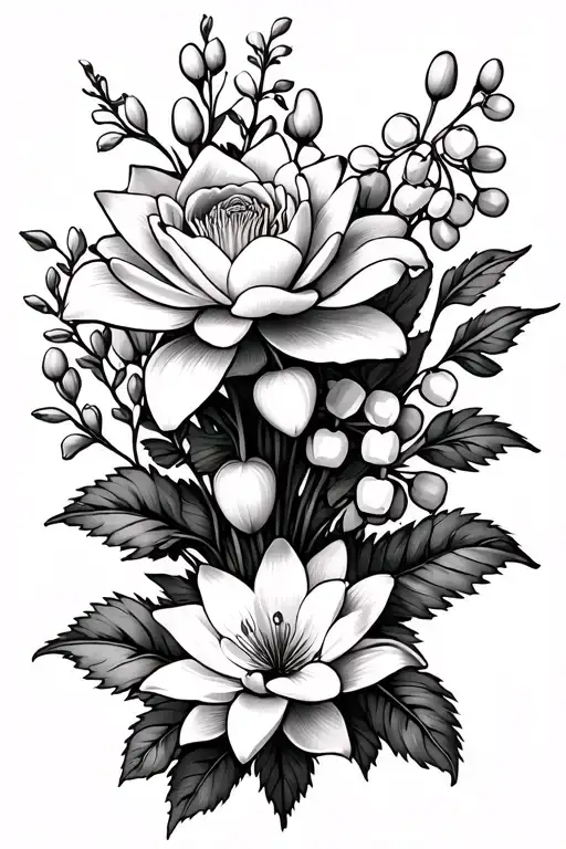 Larkspur, water lily, rose, honeysuckle, lily of the valley, and hawthorn tattoo in a bouquet  with the name ivory in it tattoo design idea