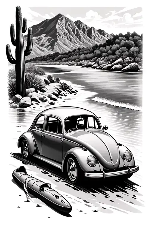 Cardin cactus, river, ocean, beach, mountains, VW bug race car raft tattoo design idea