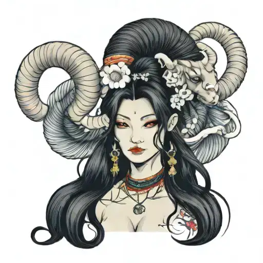 frontview of a beautiful goddess with Long black Hair and Aries ram on her head. She has a Septum Piercing in her nose tattoo design idea