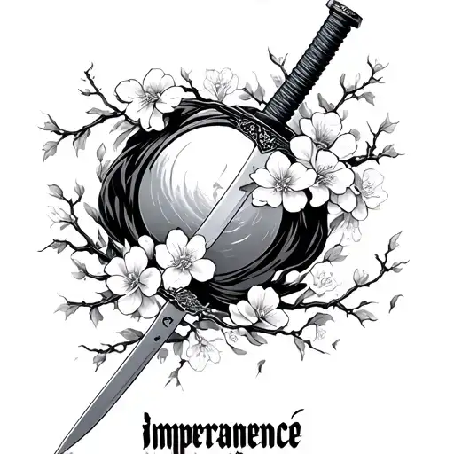 falling cherry blossoms around a katana with the word impermanence  tattoo design idea