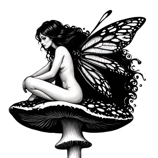 black woman fairy sitting on top of a mushroom tattoo design idea
