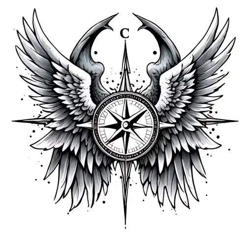 compass half demon angel wings tattoo design idea