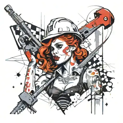 redheaded, pinup, full brim, hardhat pipe wrench crossed tattoo design idea
