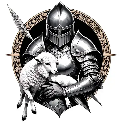 Engraving tattoo sketch of a female knight in helmet hide her face and armor holding a small lamb in his arms and a swor tattoo design idea