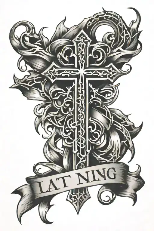 Latín Cross with crown of thorns and John 3:16 scripture intertwined tattoo design idea