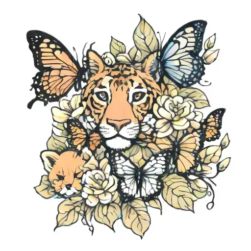 mother and 3 cubs surrounded by butterflies and flowers tattoo design idea