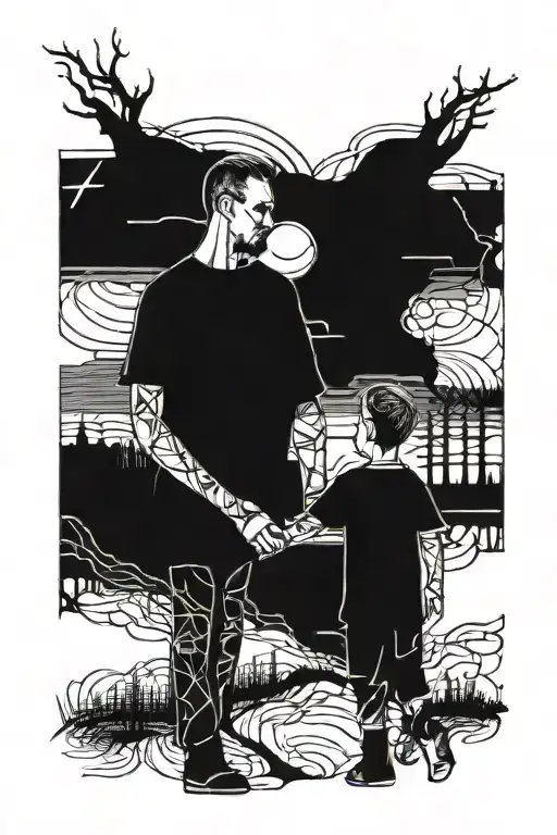 tattoo sleeve on the whole arm, black silhouette of a man and his son standing holding hands at a crossroads, and choosi tattoo design idea