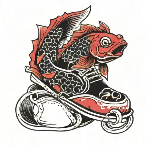 red and black coy fish riding a shoe  tattoo design idea