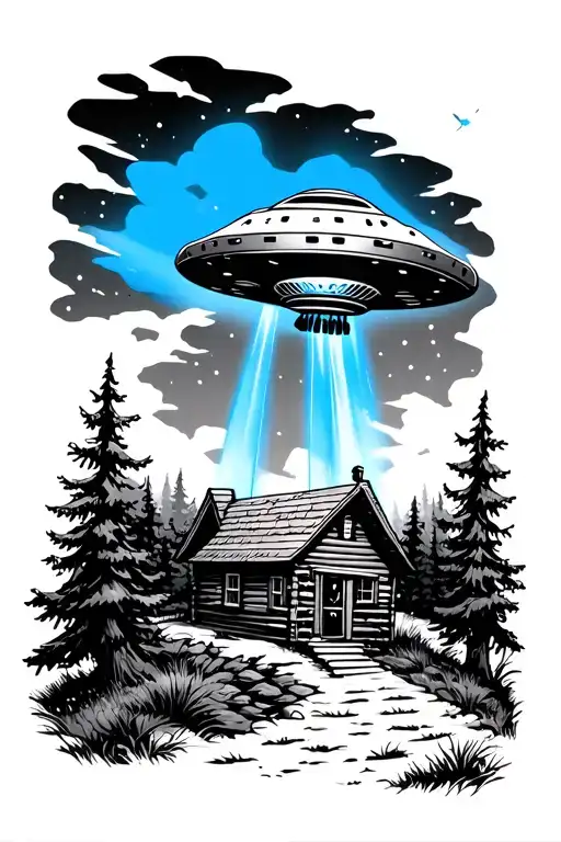 small ufo with blue beam over a cabin in the woods tattoo design idea