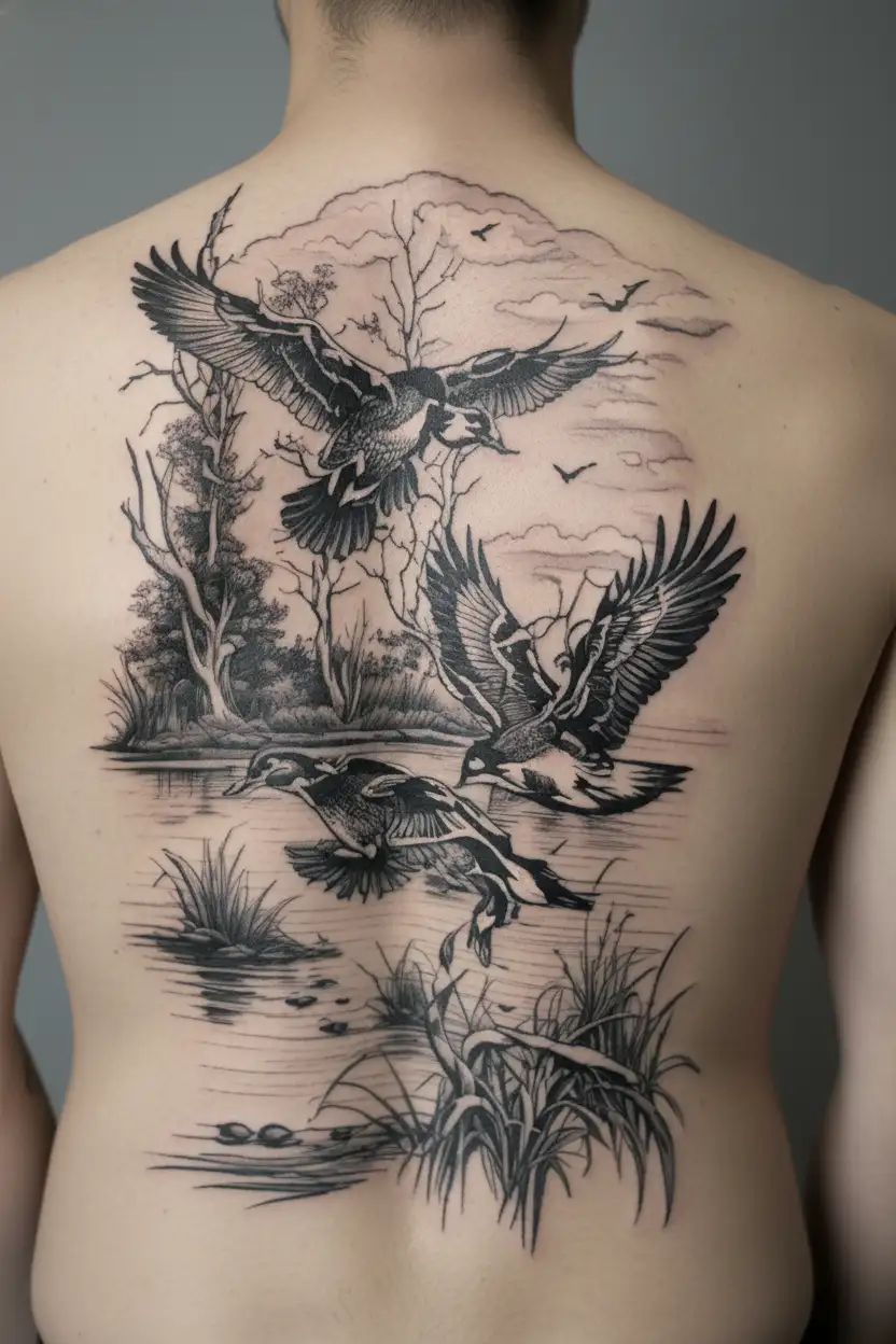 marsh duck hunting scene tattoo design idea