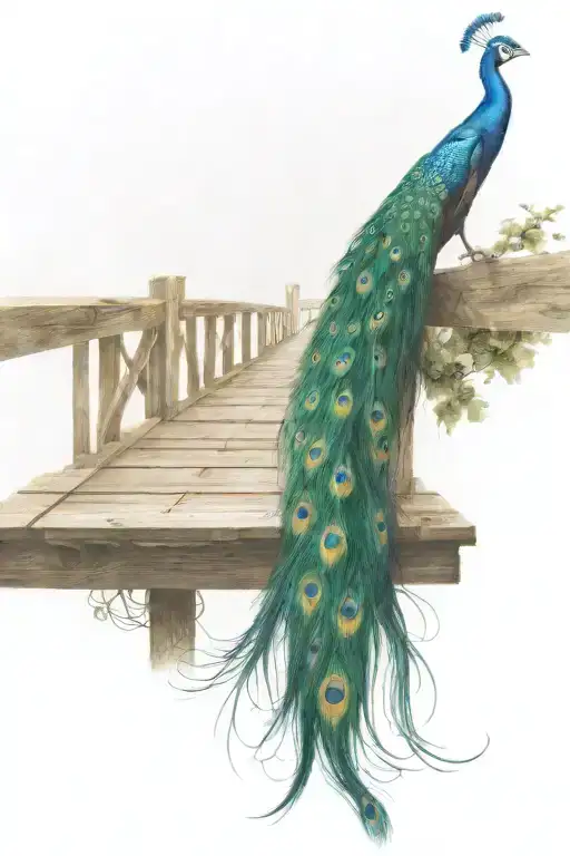 wooden bridge with peacock feather intertwined tattoo design idea