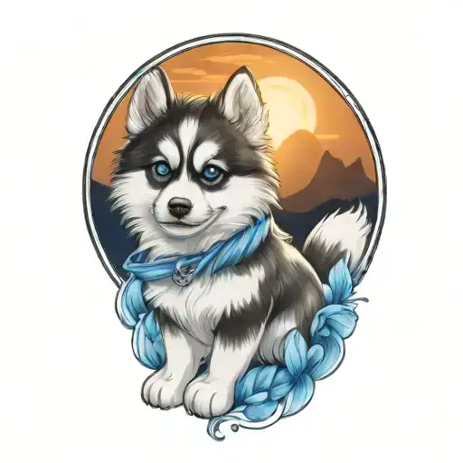 happy blue merle pomsky puppy with blue eyes cherokee surround tattoo design idea