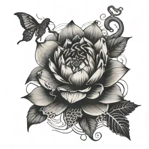 lotus flower with scars and a gorgon snake wrapped around it tattoo design idea