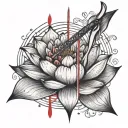 a bow and arrow wrapped around a red string and lotus tattoo design idea