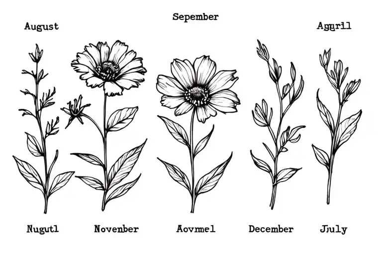 Birth flowers of August, September, November, July, April, December. Black and white. tattoo design idea
