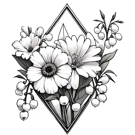 put 2 primroses, a daisy, and a lily of the valley flowers inside of a double diamond background  tattoo design idea