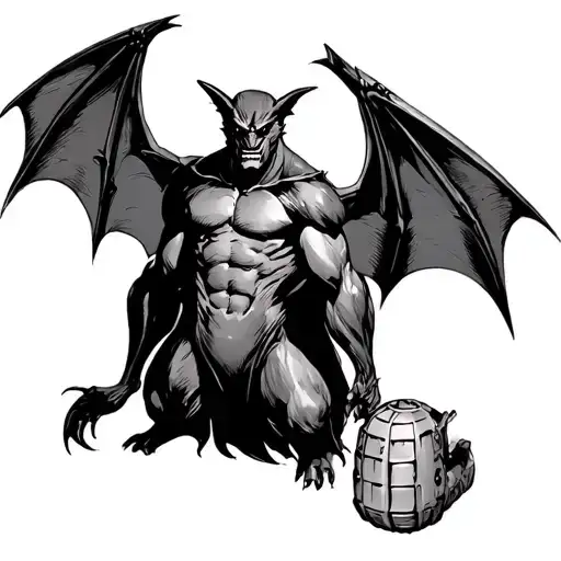 Bat and grenadeBlack and white sketchAt the top of the composition is an evil bat with wide wingsAt the bottom of the tattoo design idea