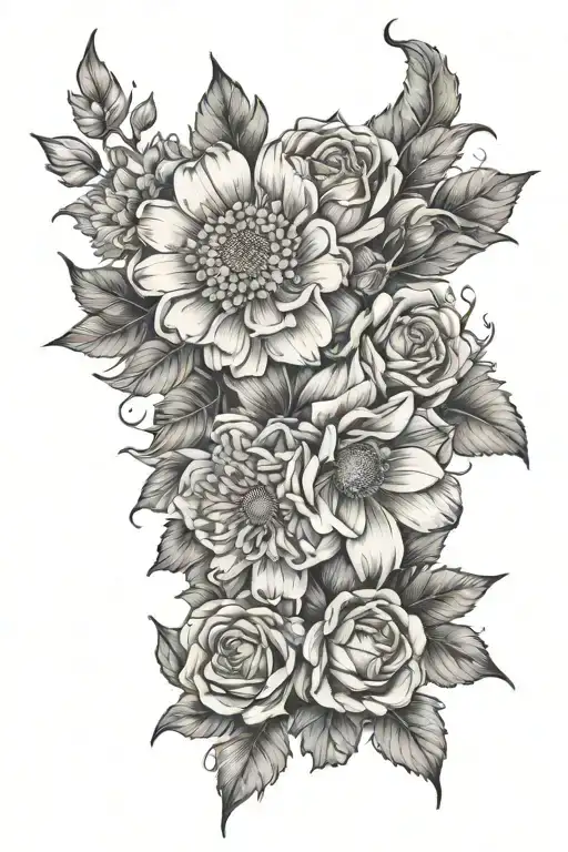 sleeve made up of a daisy, 2 narcissus, a marigold, a carnation, 3 roses, a larkspur, and a poppy flower tattoo design idea