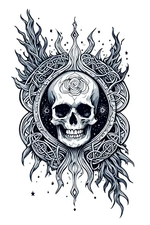celtic, cosmic, ethereal , asymmetric, death tattoo design idea