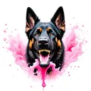 all black German shepherd showing teeth with pink foaming drool tattoo design idea