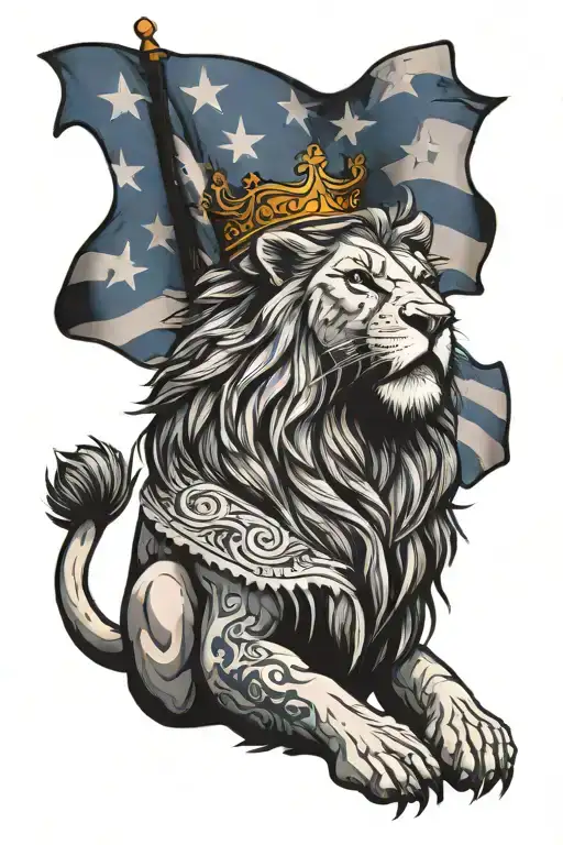 lion holding a flag standing up tattoo design idea