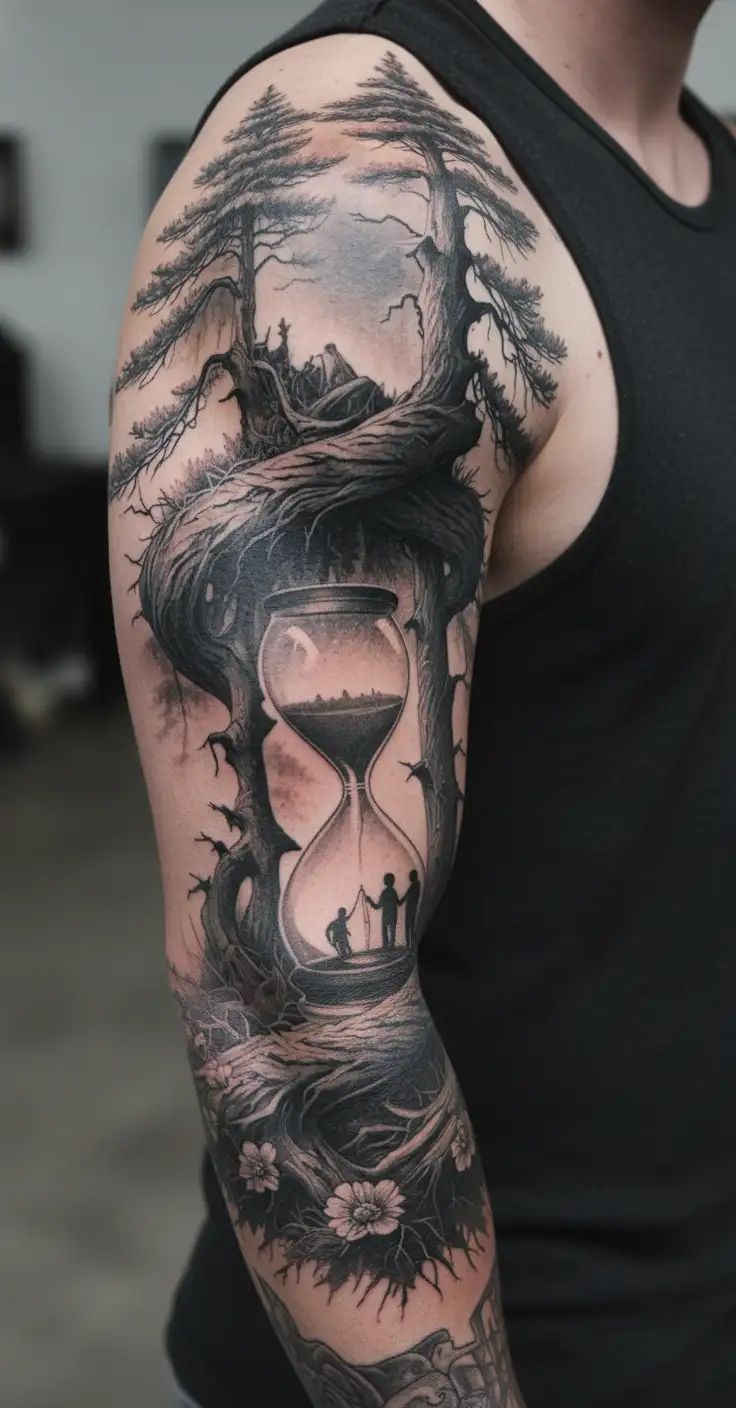 Pine forest wrap around and family tree and hour glass father with 3 kids tattoo design idea