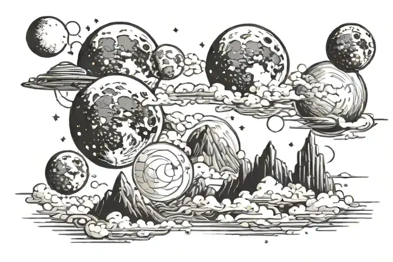 phases of the moon in a straight line with clouds around it and comets and things that remind us of space, all with a black outline tattoo design idea