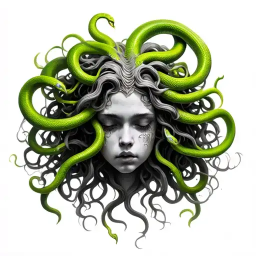 realistic Medusa looking down. The face is black and grey but I want vibrant lime green snakes subtly around head and ne tattoo design idea