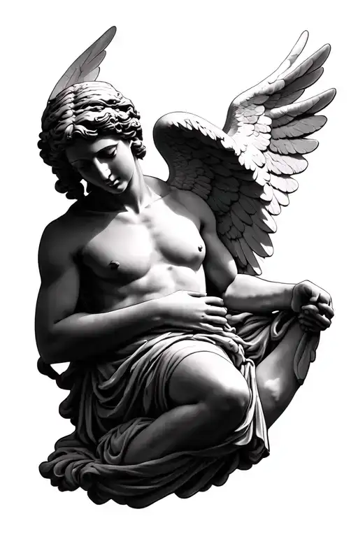 Stinco (already tattooed): face of the statue of an angel area area above the knee and thigh: divinity (reinvented) posing tattoo design idea