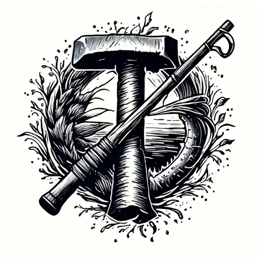A creative blackwork tattoo of a fishing rod morphing into a blacksmith's hammer, symbolizing the client's dual passions tattoo design idea