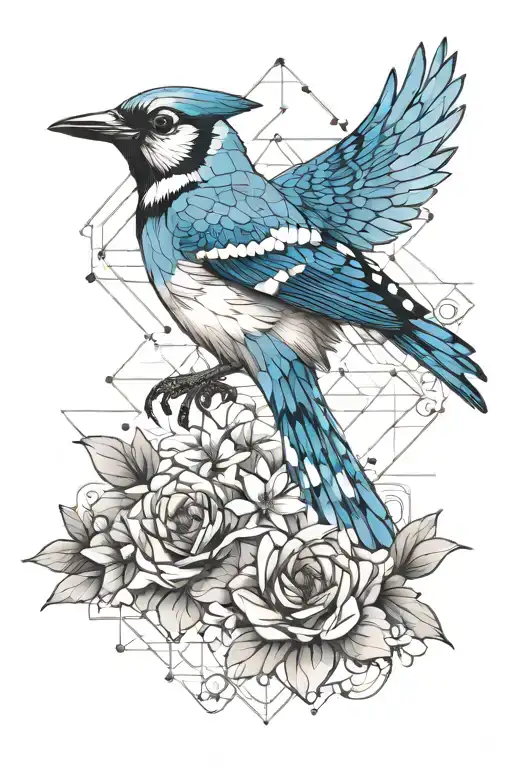 blue jay bird flying, flowers blooming tattoo design idea