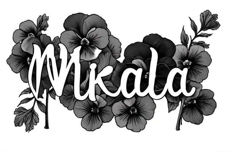 the name "Mikala" in calligraphy on bicep with masculine pansies.  tattoo design idea